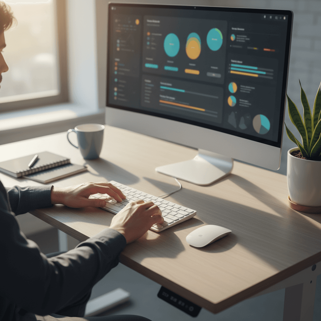 Young entrepreneur developing websites at modern workspace